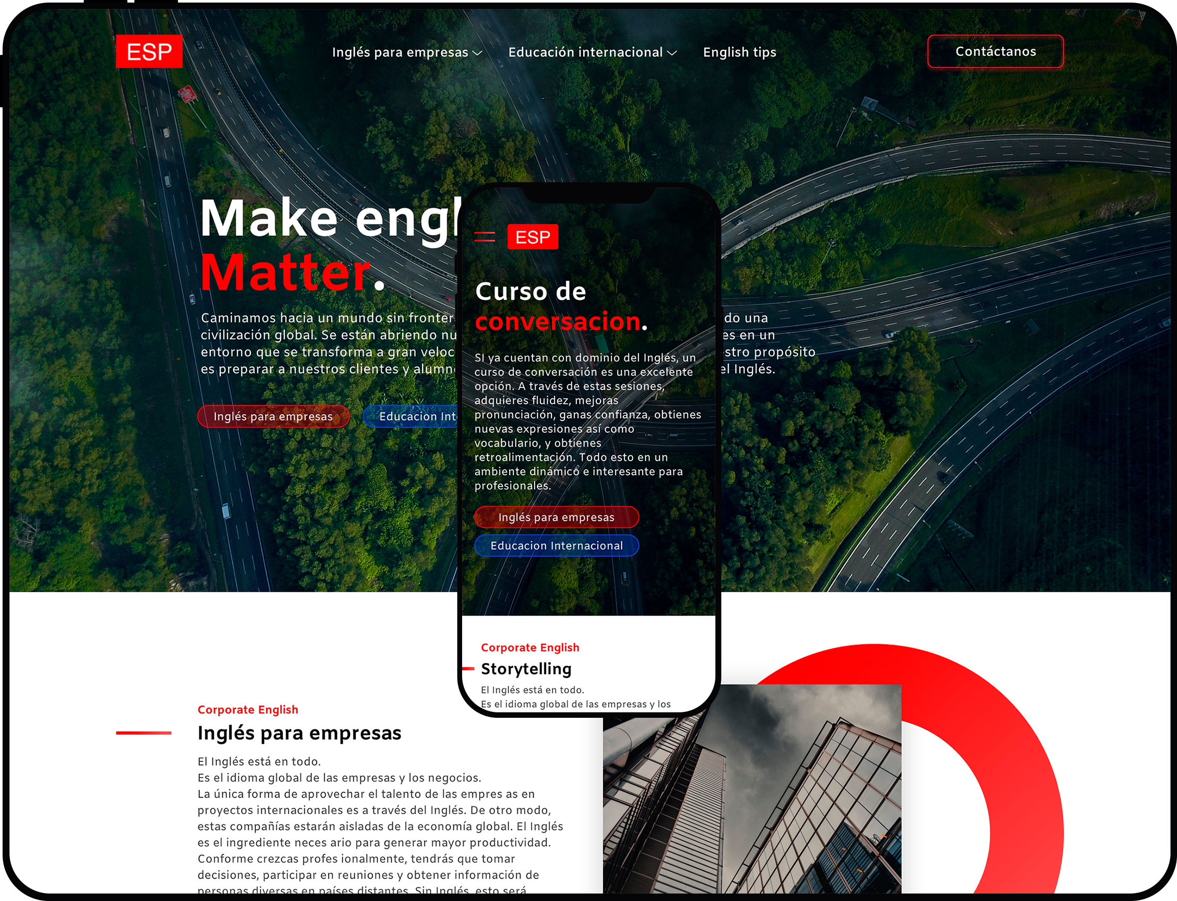 Interfaz del sitio de English for Specific Purpose para cursos de ingles